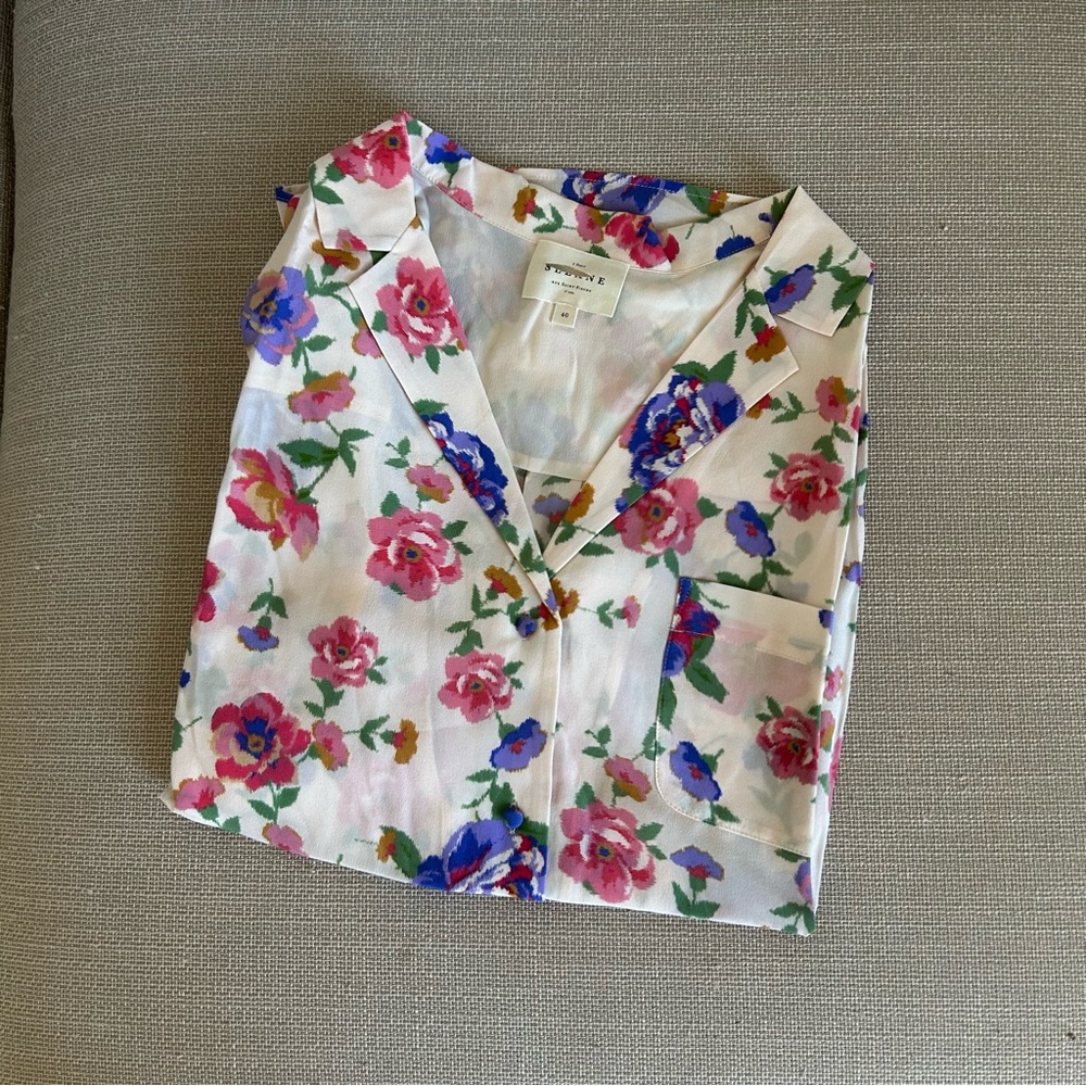 Sezane Florence Shirt Monday Pink Floral Cream Silk FR40/US8 - Picture 3 of 7